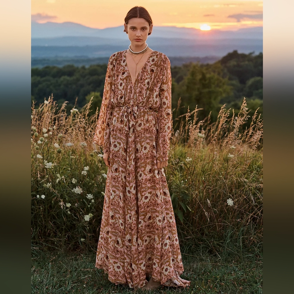 Misa Los Angeles Floral Maxi Dress - Brown and Cream